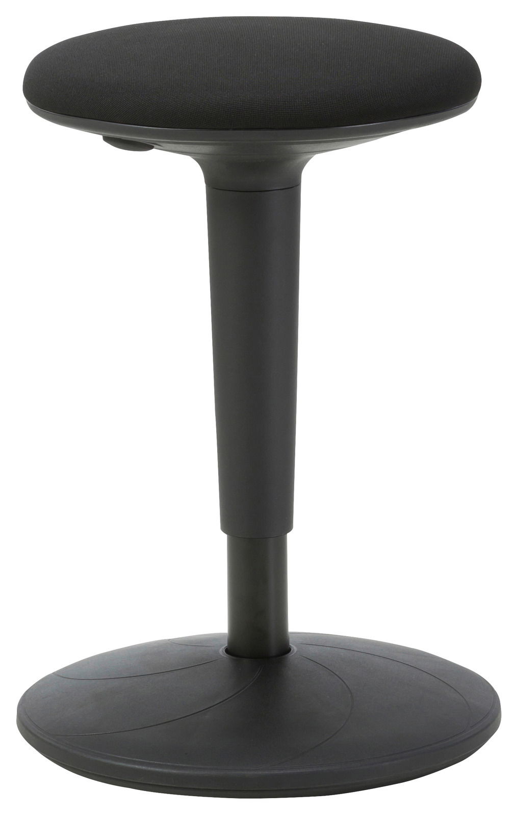 Schwarzer Sitzhocker XORA MOOVE, seitliche Perspektive, mit rundem Sitz und stabiler Basis.