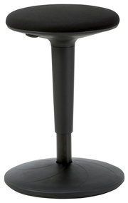 Schwarzer Sitzhocker XORA MOOVE, seitliche Perspektive, mit rundem Sitz und stabiler Basis.
