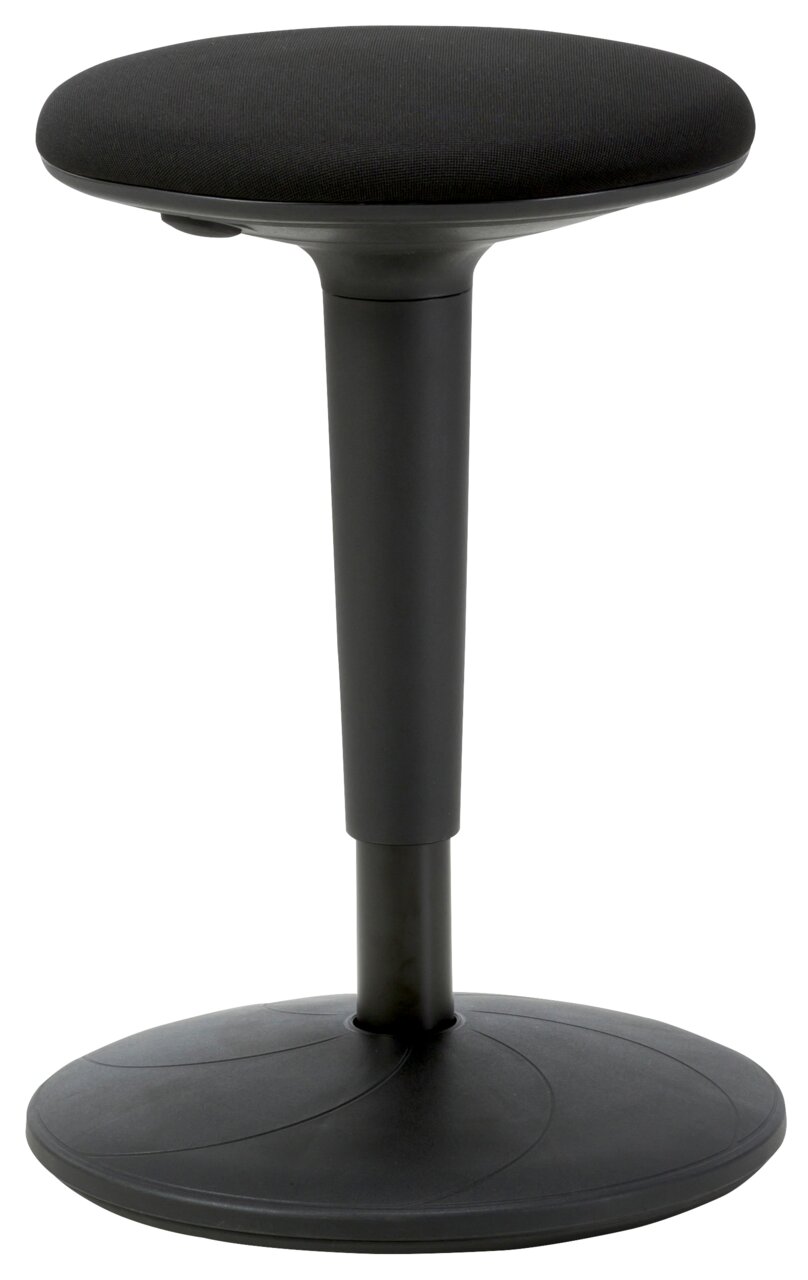 Schwarzer Sitzhocker XORA MOOVE, seitliche Perspektive, mit rundem Sitz und stabiler Basis.
