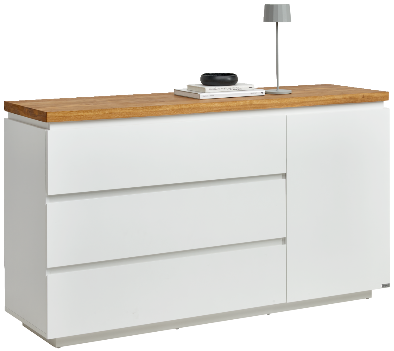 Weißes Sideboard mit Holzplatte, drei Schubladen und einer Tür, seitliche Perspektive