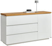 Weißes Sideboard mit Holzplatte, drei Schubladen und einer Tür, seitliche Perspektive