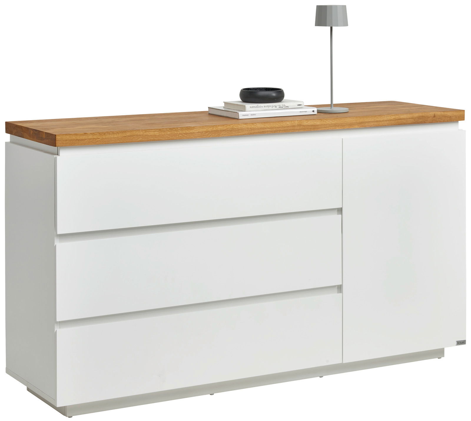 Weißes Sideboard mit Holzplatte, drei Schubladen und einer Tür, seitliche Perspektive