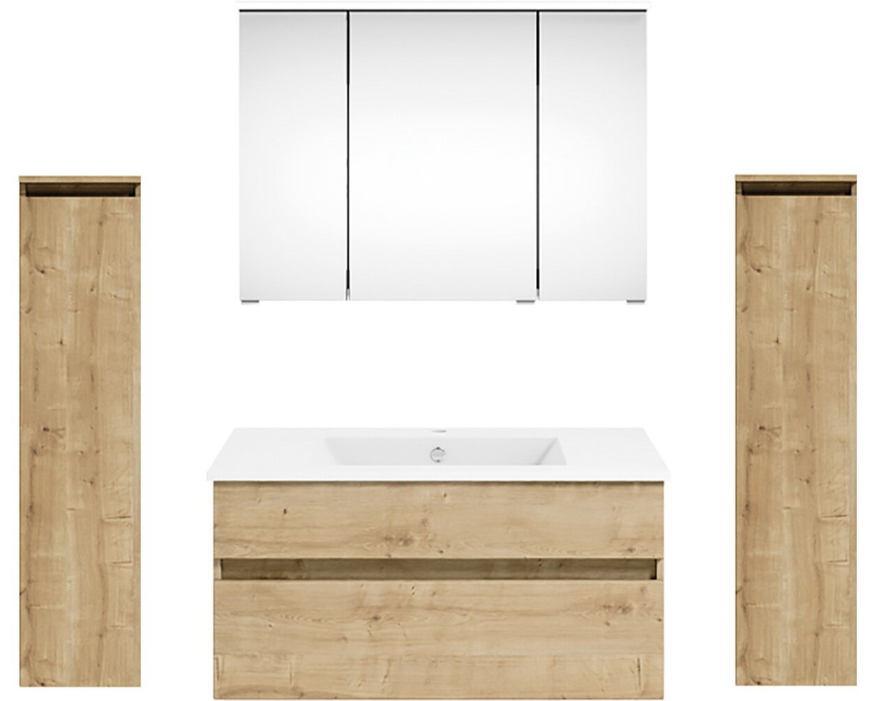 Frontale Ansicht einer Badkombination mit zwei hohen Holzschränken, einem weißen Waschtisch mit Holzfront und einem dreiteiligen Spiegelschrank.