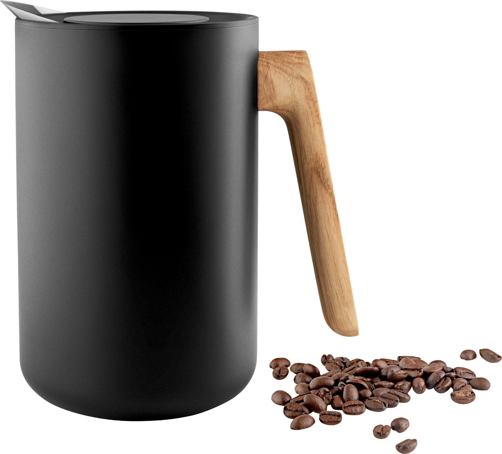 Zwarte geïsoleerde thermosbeker met houten handvat en deksel, met koffiebonen op de voorgrond; product in zijaanzicht met lichte bovenaanzichtperspectief.
