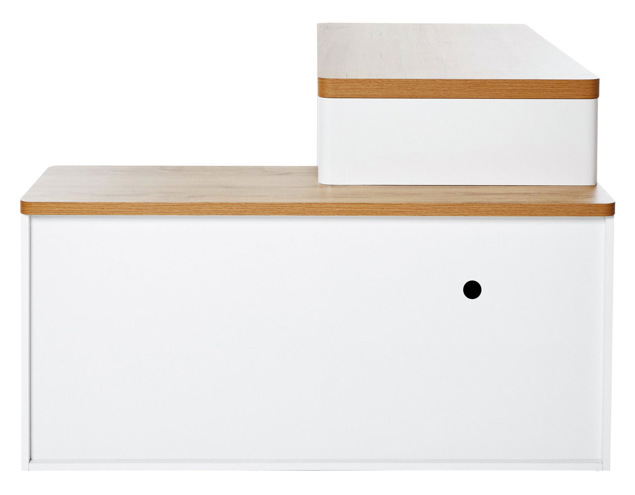 Moderner Eck-Schreibtisch in Weiß mit Holzoberfläche, seitliche Perspektive