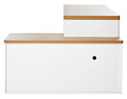 Moderner Eck-Schreibtisch in Weiß mit Holzoberfläche, seitliche Perspektive