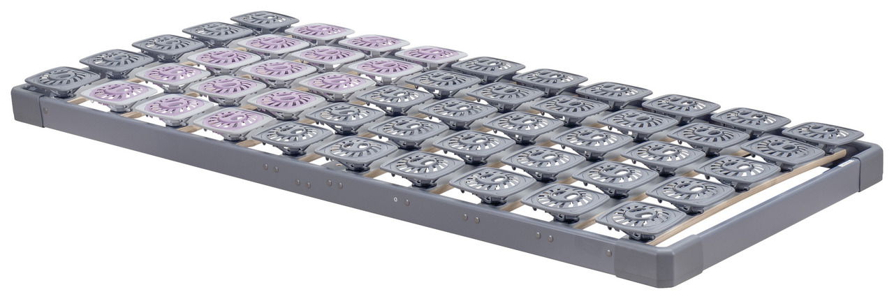 Systemrahmen 140x200 mit grauen und lila Federungselementen, seitliche Perspektive