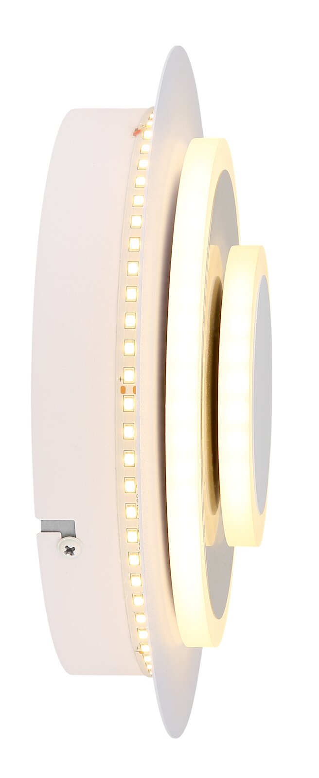 Weiße LED-Wandleuchte/Deckenleuchte mit drei konzentrischen, warmweiß leuchtenden Ringen, Seitenansicht (Profilperspektive) vor weißem Hintergrund