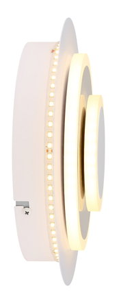 Weiße LED-Wandleuchte/Deckenleuchte mit drei konzentrischen, warmweiß leuchtenden Ringen, Seitenansicht (Profilperspektive) vor weißem Hintergrund