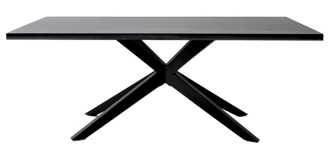 Moderne eettafel met een zwart X-vormig metalen onderstel en een rechthoekig tafelblad, gezien vanaf de zijkant.