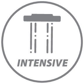 Symbol für einen Duschkopf mit intensivem Wasserstrahl, frontal betrachtet.