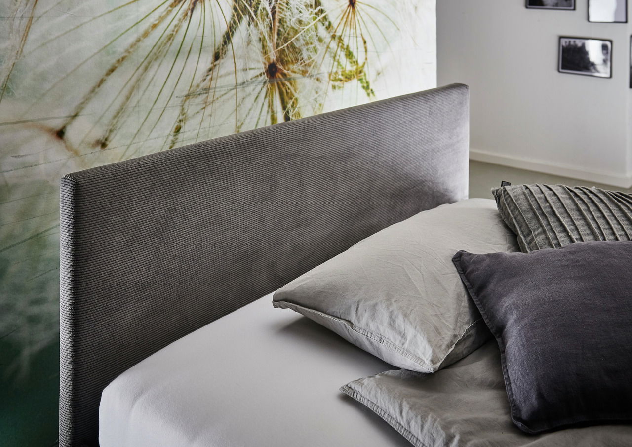 Seitliche Ansicht einer Polsterliege mit grauem Kopfteil und mehreren Kissen, vor einer Wand mit Naturmotiv.