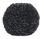 Schwarze Vase mit blütenartiger Struktur, frontal fotografiert.