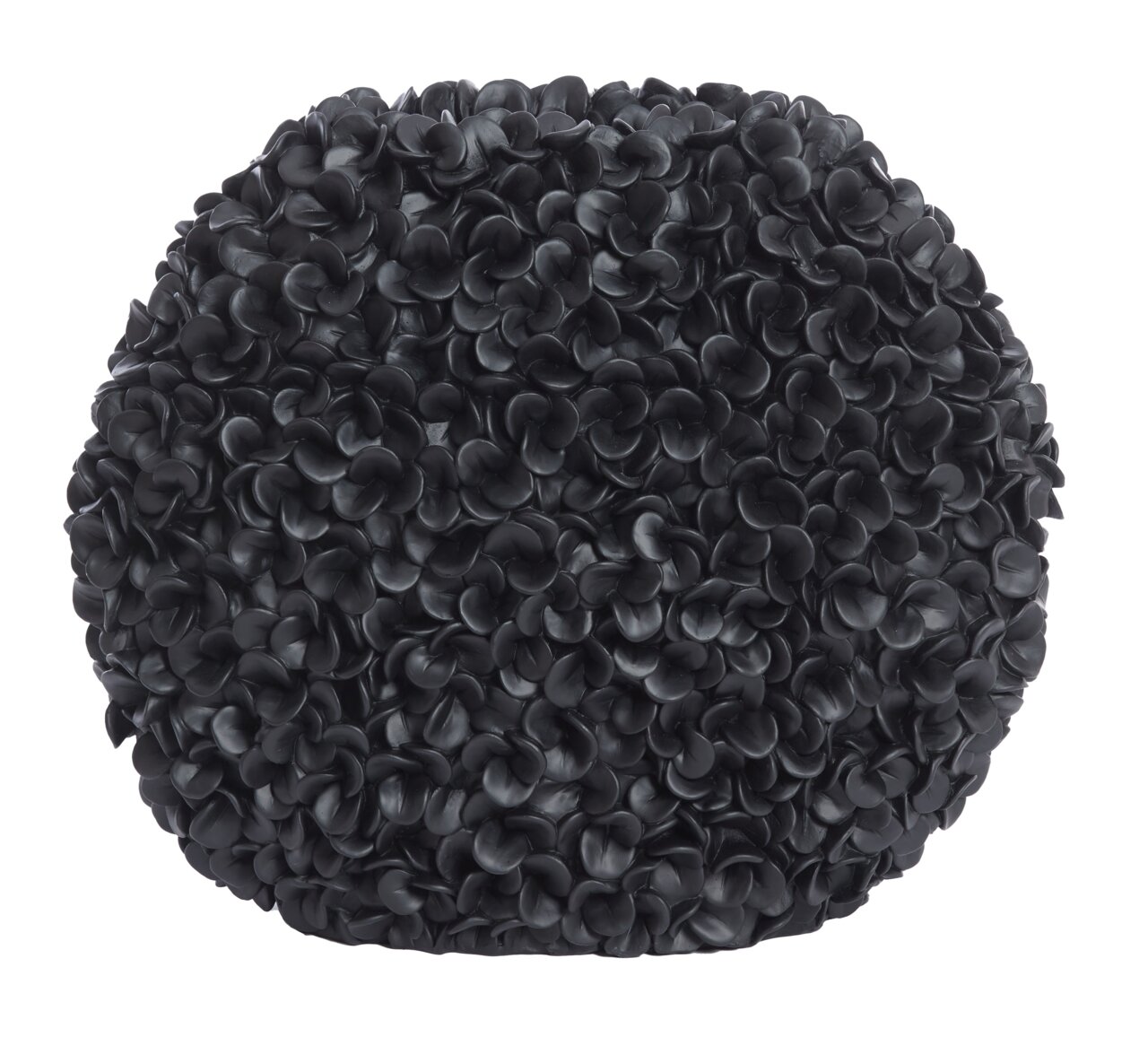 Schwarze Vase mit blütenartiger Struktur, frontal fotografiert.
