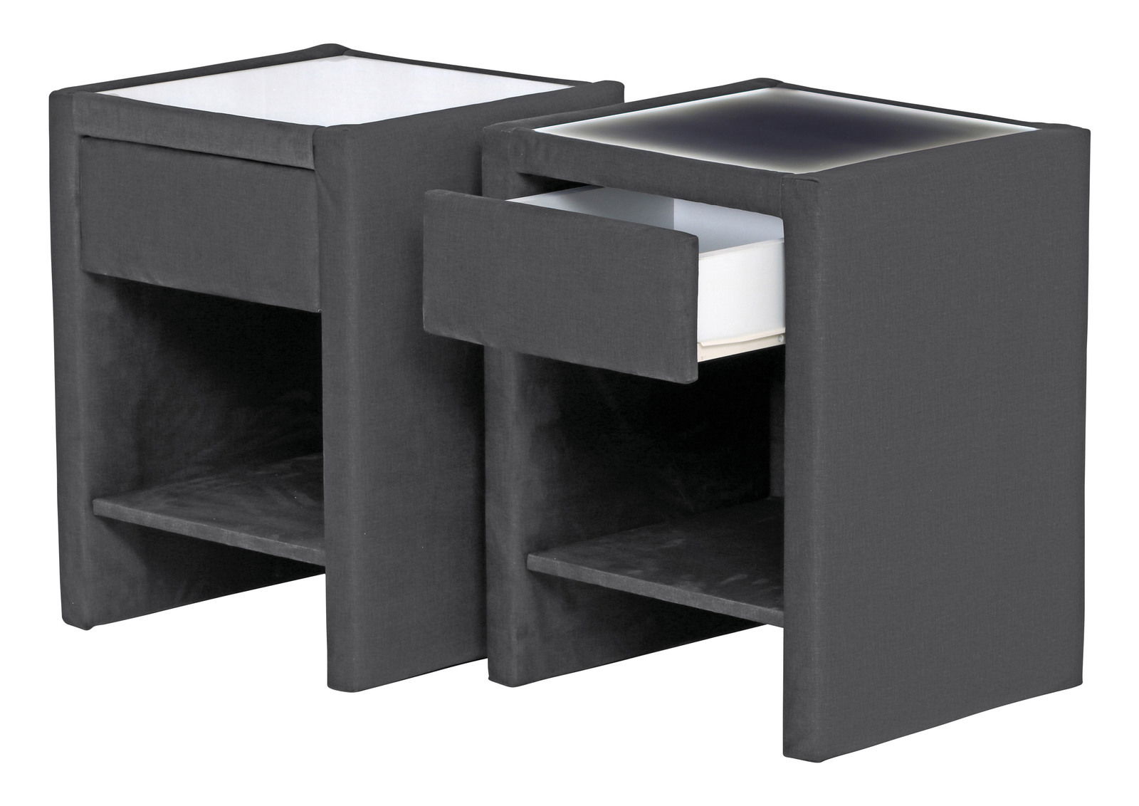 Zwei moderne, schwarze Nachtkommoden mit Schubladen und offenen Fächern, seitliche Perspektive