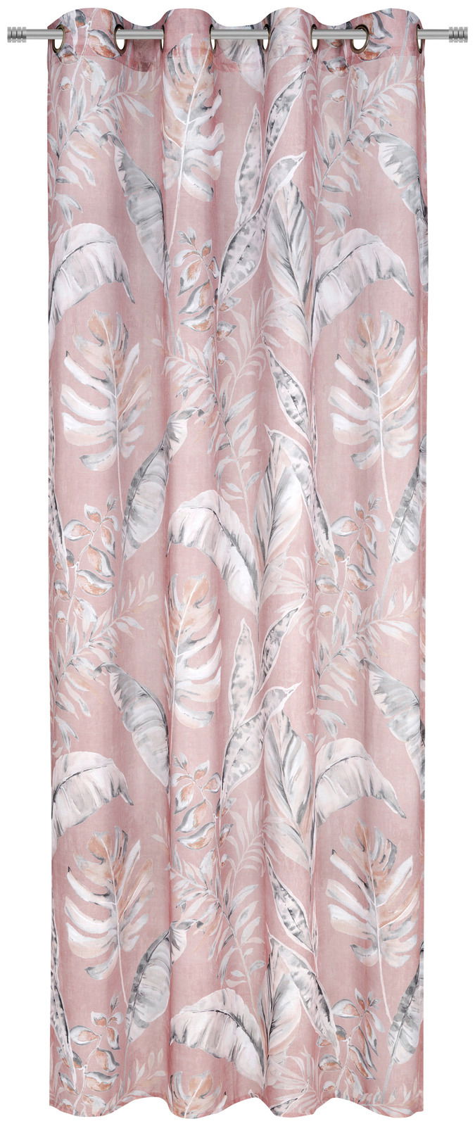 Rosa Vorhang mit tropischem Blättermuster, frontal aufgenommen