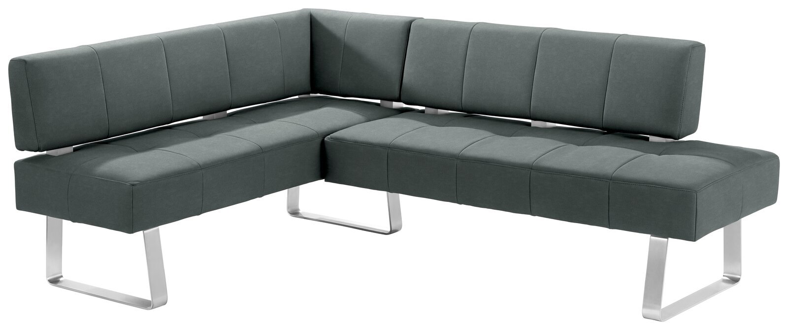 Moderne Eckbank in dunkelgrauem Stoff mit Metallbeinen, seitliche Perspektive