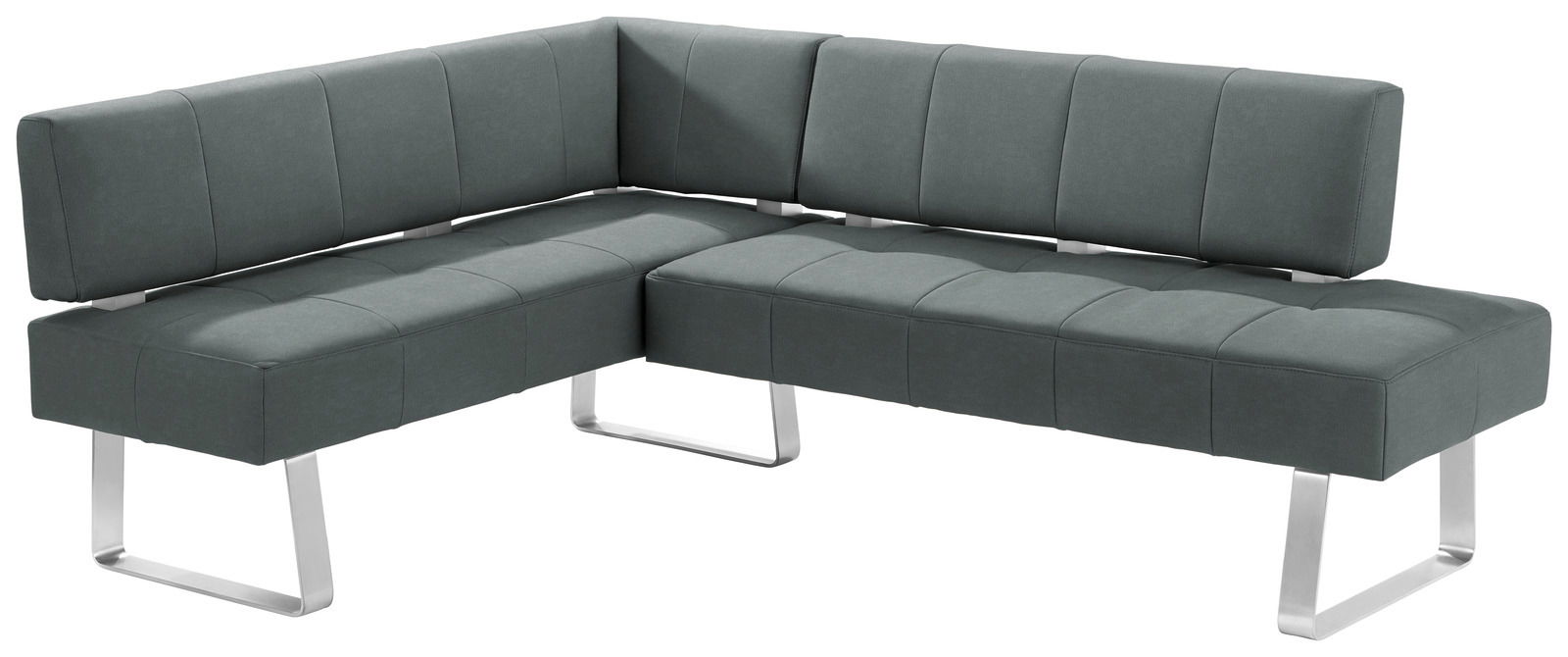Moderne Eckbank in dunkelgrauem Stoff mit Metallbeinen, seitliche Perspektive