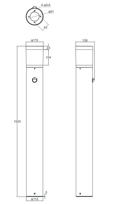 Technische Zeichnung einer LED-Außen-Bodenleuchte mit seitlicher und oberer Perspektive, zeigt Maße und Bohrlöcher.