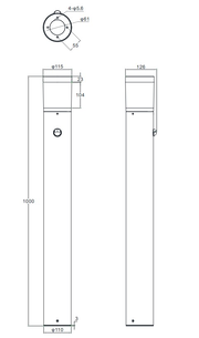 Technische Zeichnung einer LED-Außen-Bodenleuchte mit seitlicher und oberer Perspektive, zeigt Maße und Bohrlöcher.