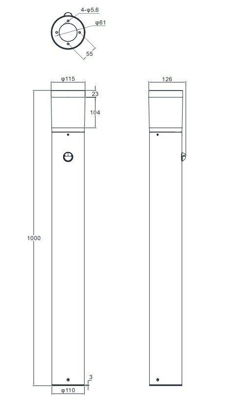 Technische Zeichnung einer LED-Außen-Bodenleuchte mit seitlicher und oberer Perspektive, zeigt Maße und Bohrlöcher.