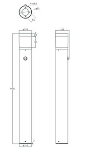 Technische Zeichnung einer LED-Außen-Bodenleuchte mit seitlicher und oberer Perspektive, zeigt Maße und Bohrlöcher.
