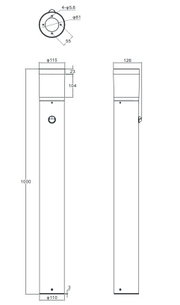 Technische tekening van een LED-buitenvloerlamp met zijaanzicht en bovenaanzicht, met afmetingen en boorgaten.