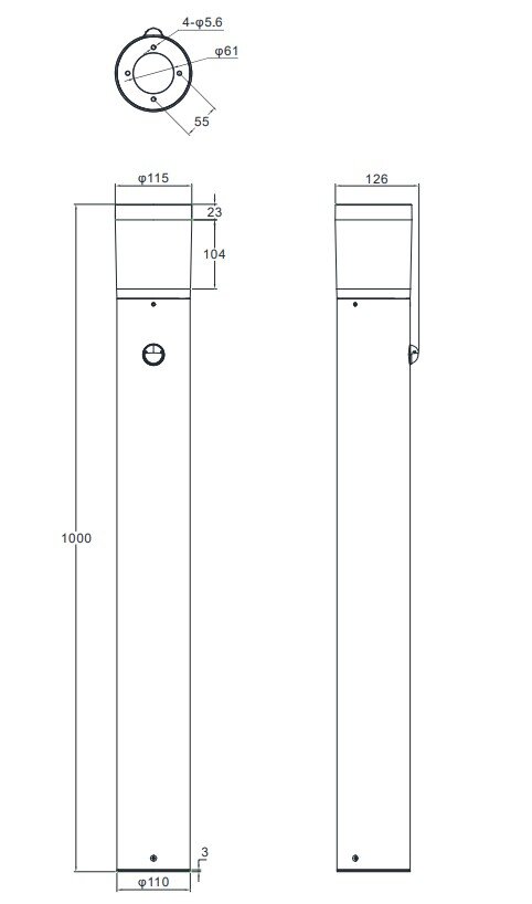 Technische tekening van een LED-buitenvloerlamp met zijaanzicht en bovenaanzicht, met afmetingen en boorgaten.
