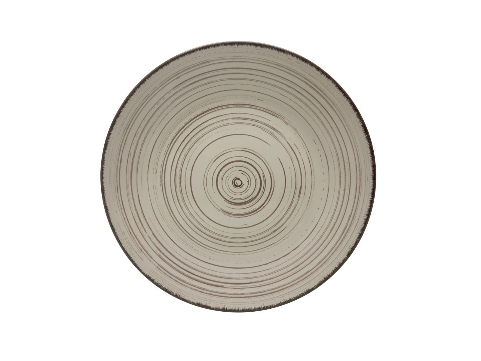 Runde, beige Keramikplatte mit konzentrischen Kreisen, Draufsicht