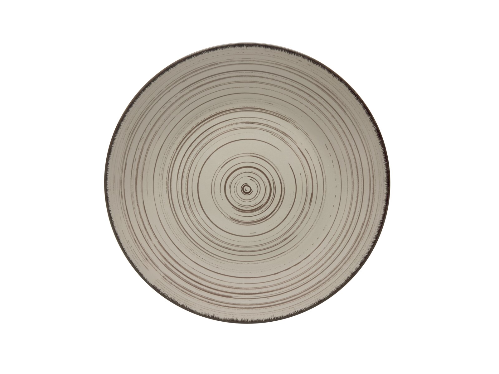 Runde, beige Keramikplatte mit konzentrischen Kreisen, Draufsicht