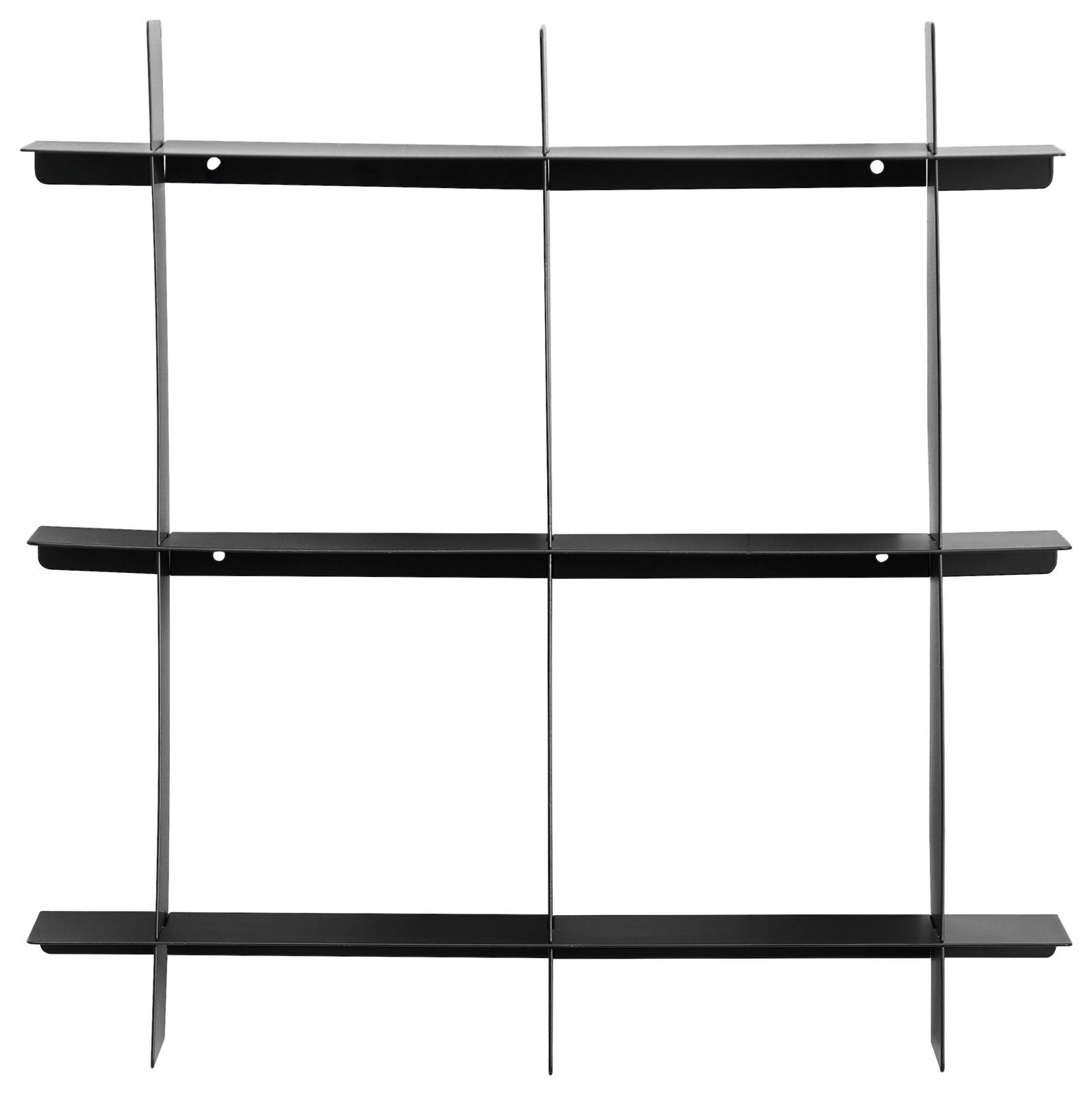 Schwarzes Wandregal mit drei Regalböden, frontale Ansicht