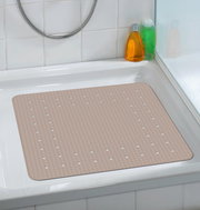 Duscheinlage Mirasol in taupe, rechteckig mit rutschfester Oberfläche und Löchern, in einer Duschwanne von oben fotografiert.