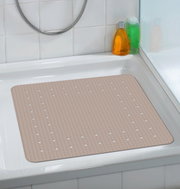 Mirasol-douchemat in taupe, rechthoekig met antislipoppervlak en gaatjes, gefotografeerd vanuit bovenaf in een douchebak.