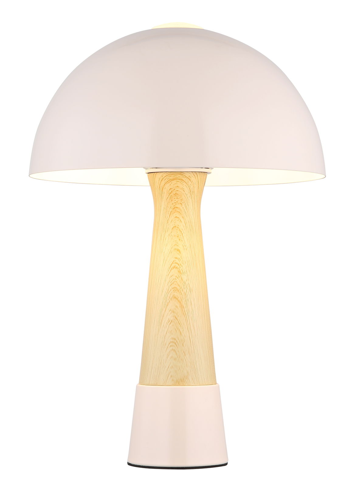 Moderne Tischleuchte mit weißem, halbkugelförmigem Schirm und Holzfuß, frontal betrachtet.