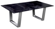 Moderner Couchtisch mit dunkler Tischplatte und silbernen Metallbeinen, seitliche Perspektive
