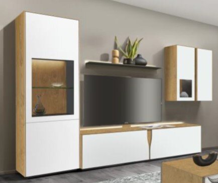 Moderne vitrinekast voor in de woonkamer in houtlook met witte fronten, zijaanzicht