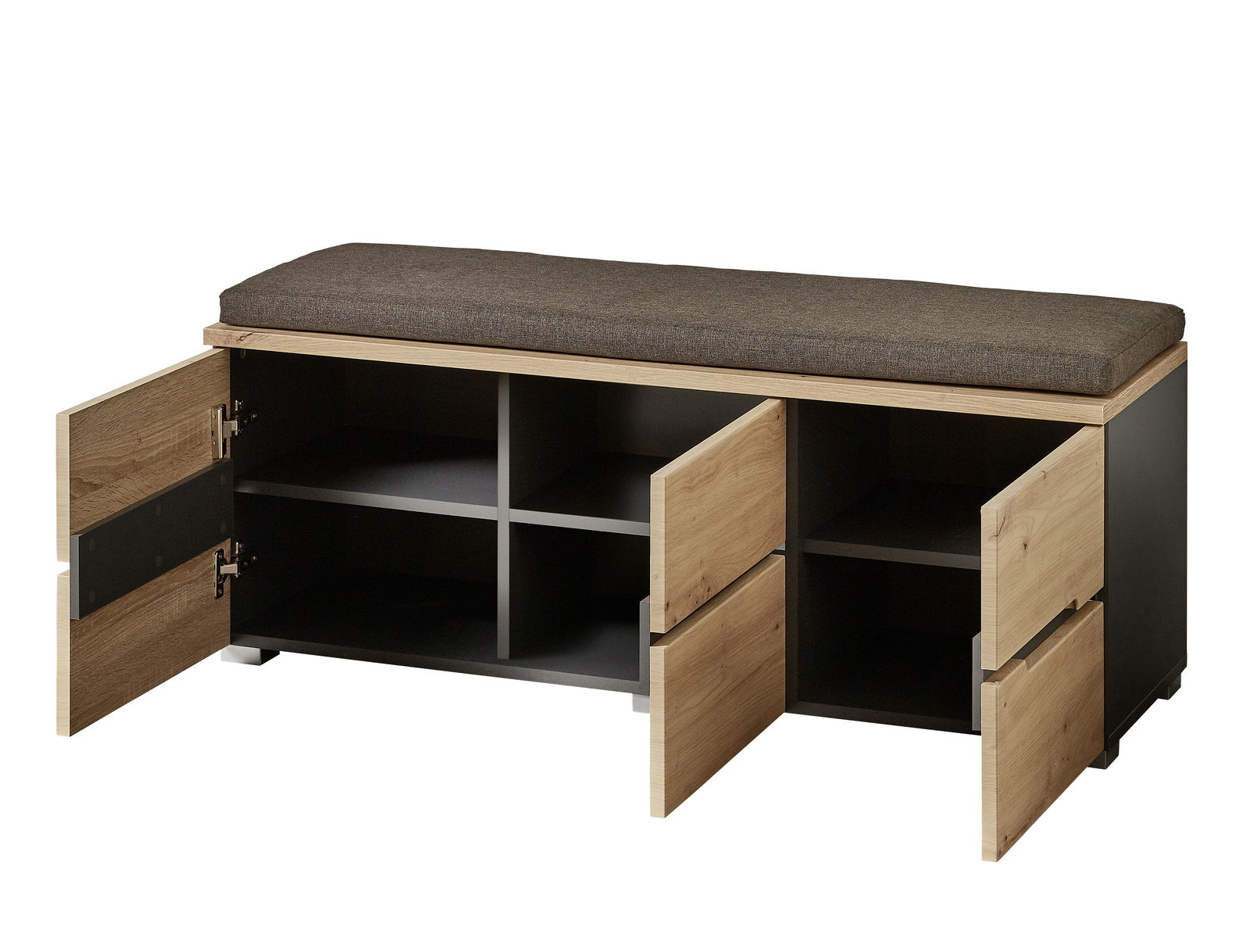 Garderobenbank mit gepolstertem Sitzkissen, offenen Türen und Fächern, aus Holz und dunklem Material, Frontalansicht