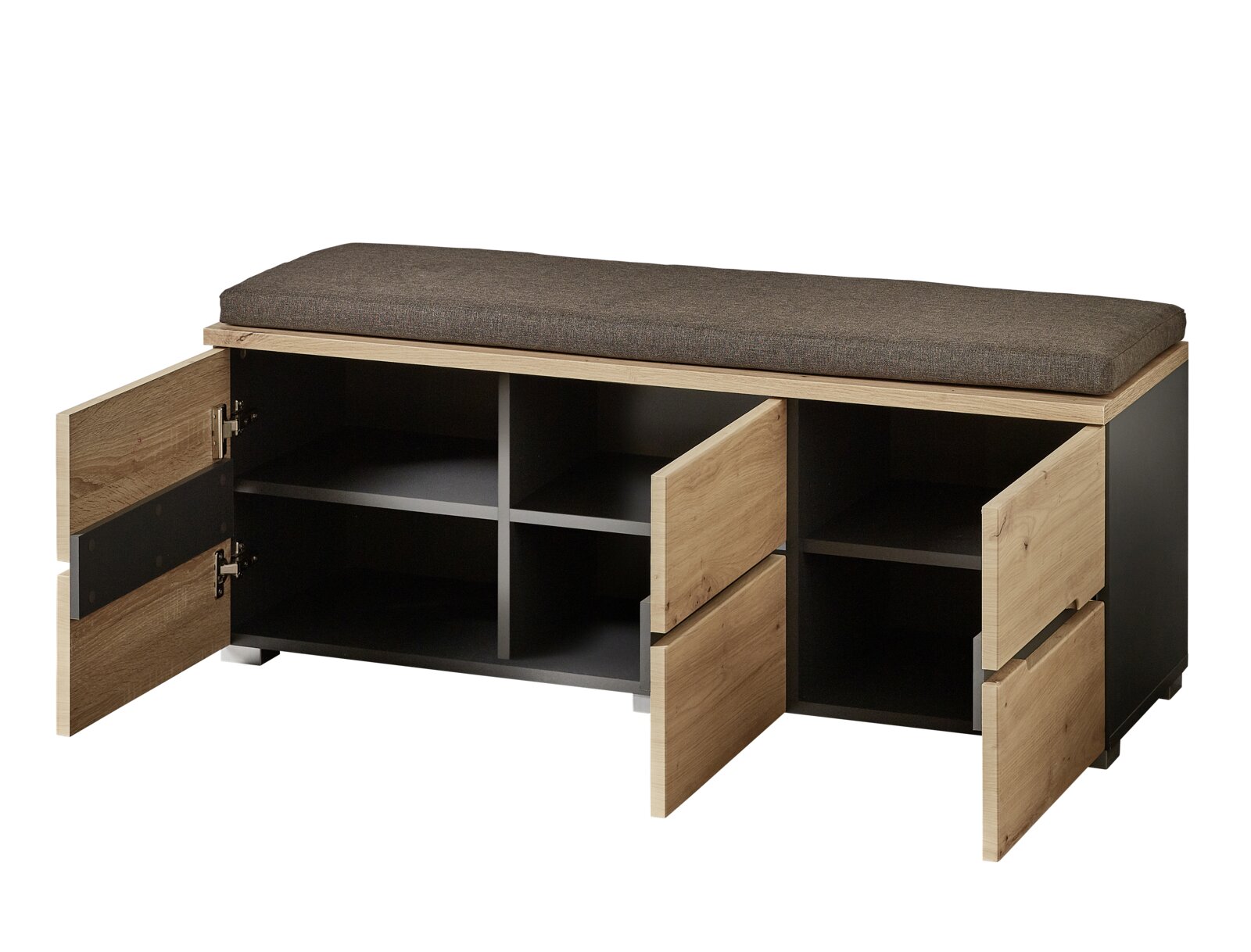 Garderobenbank mit gepolstertem Sitzkissen, offenen Türen und Fächern, aus Holz und dunklem Material, Frontalansicht