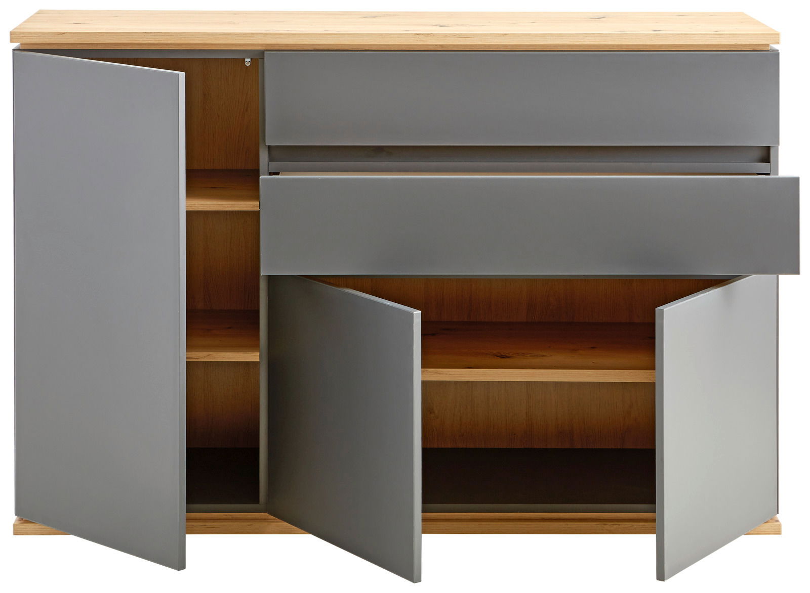 Kommode mit grauen Türen und Schubladen, teilweise geöffnet, aus Holz und grauem Material, frontal betrachtet.