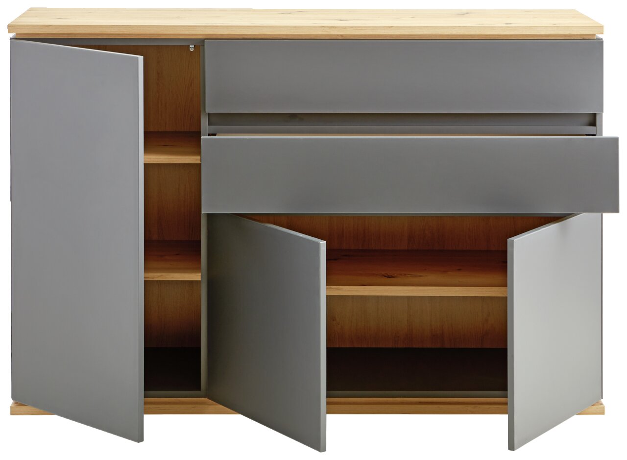 Kommode mit grauen Türen und Schubladen, teilweise geöffnet, aus Holz und grauem Material, frontal betrachtet.