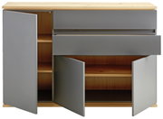 Commode met grijze deuren en lades, gedeeltelijk geopend, van hout en grijs materiaal, gezien vanaf de voorkant.