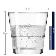 Trinkglas Event 280ml, seitliche Ansicht, gefüllt mit sprudelndem Wasser, 85 mm Durchmesser, 90 mm Höhe