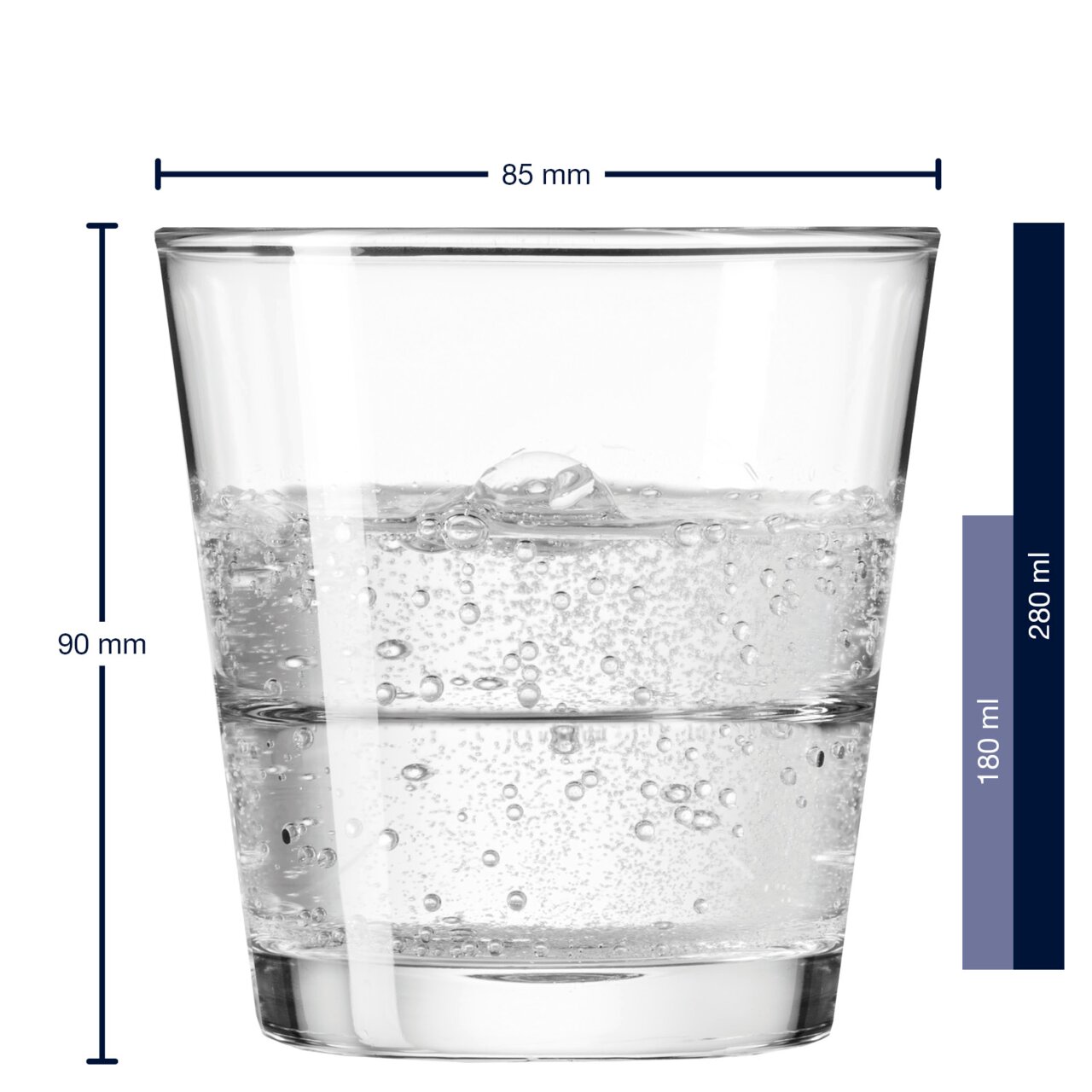 Drinkglas Event 280 ml, zijaanzicht, gevuld met bruisend water, diameter 85 mm, hoogte 90 mm