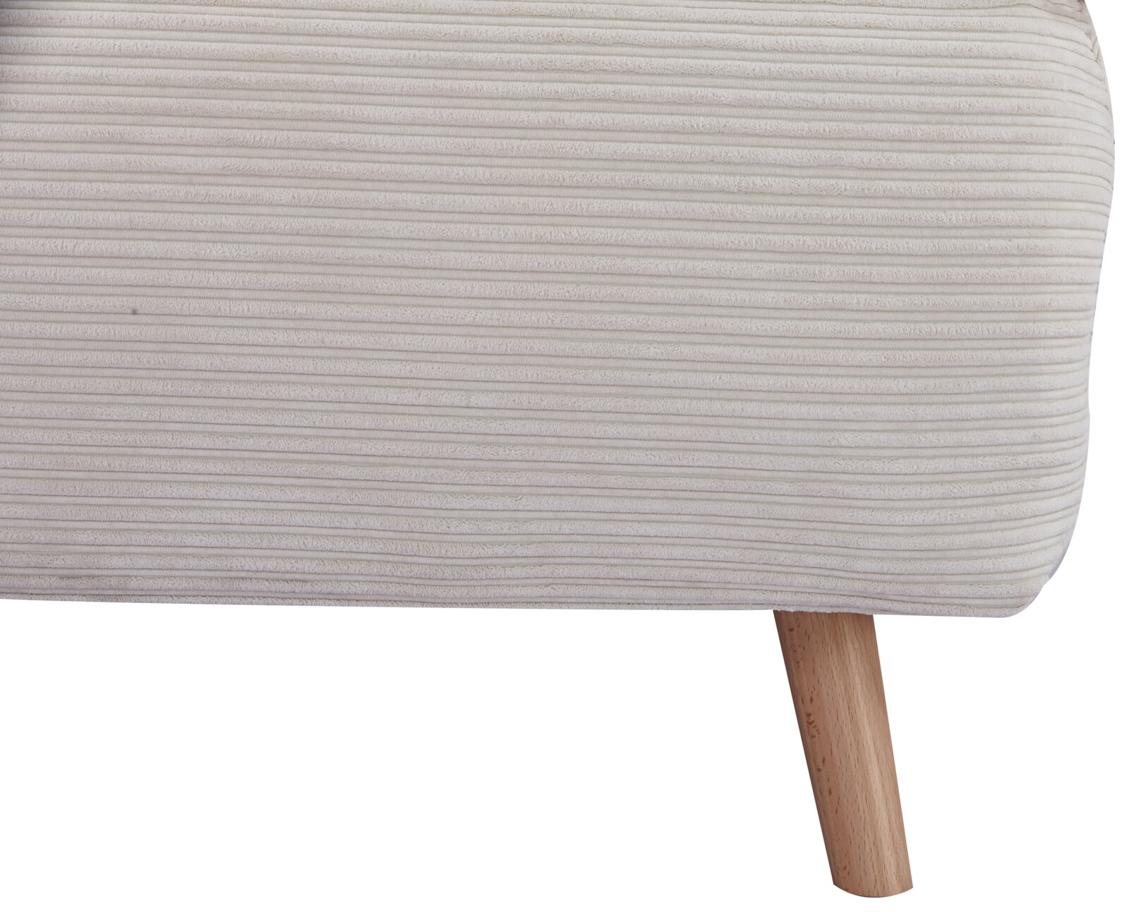 Nahaufnahme eines Funktionssessels mit gestreiftem Stoffbezug und Holzbein, seitliche Perspektive