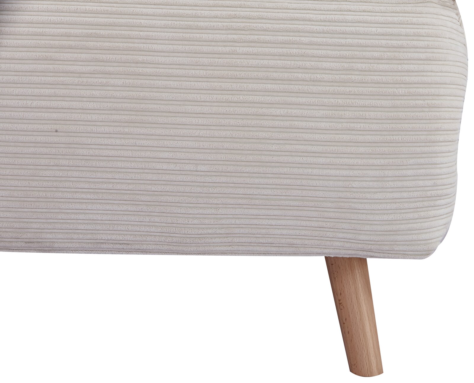 Nahaufnahme eines Funktionssessels mit gestreiftem Stoffbezug und Holzbein, seitliche Perspektive