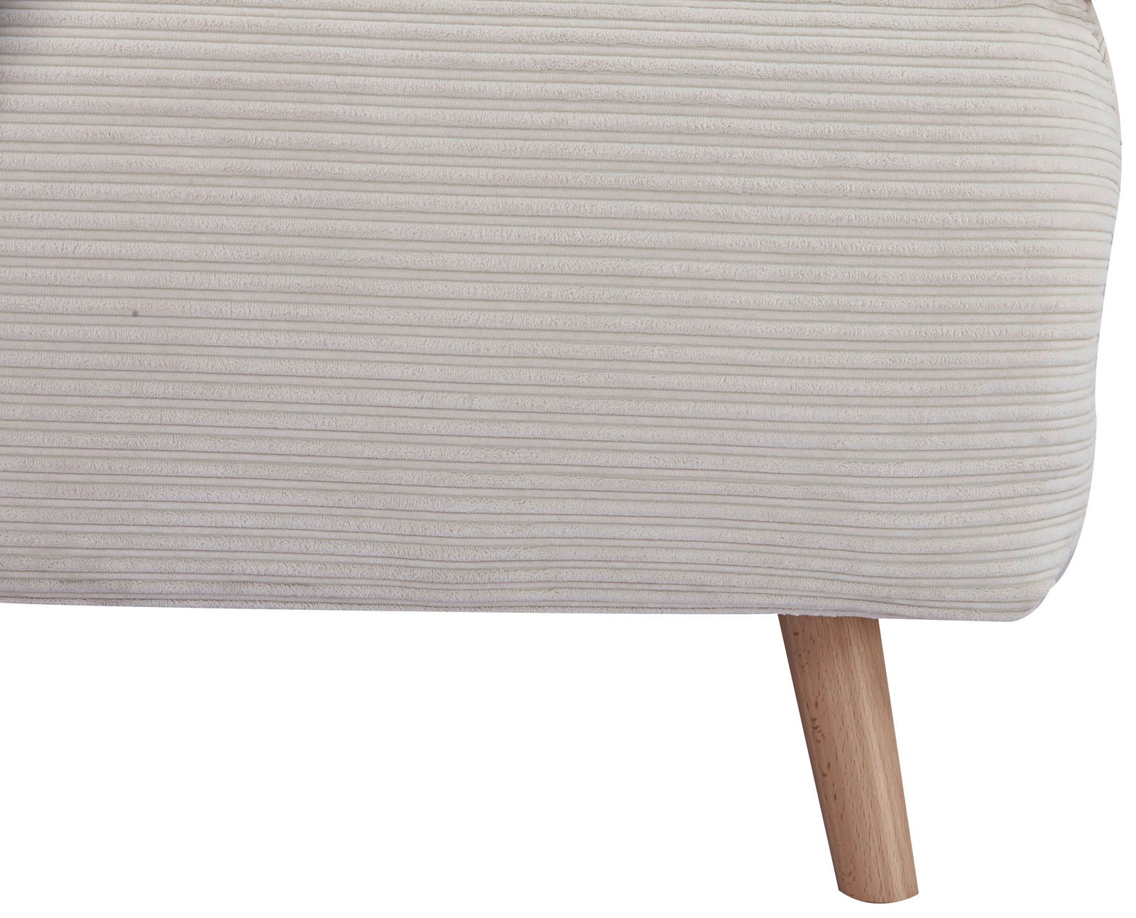 Nahaufnahme eines Funktionssessels mit gestreiftem Stoffbezug und Holzbein, seitliche Perspektive