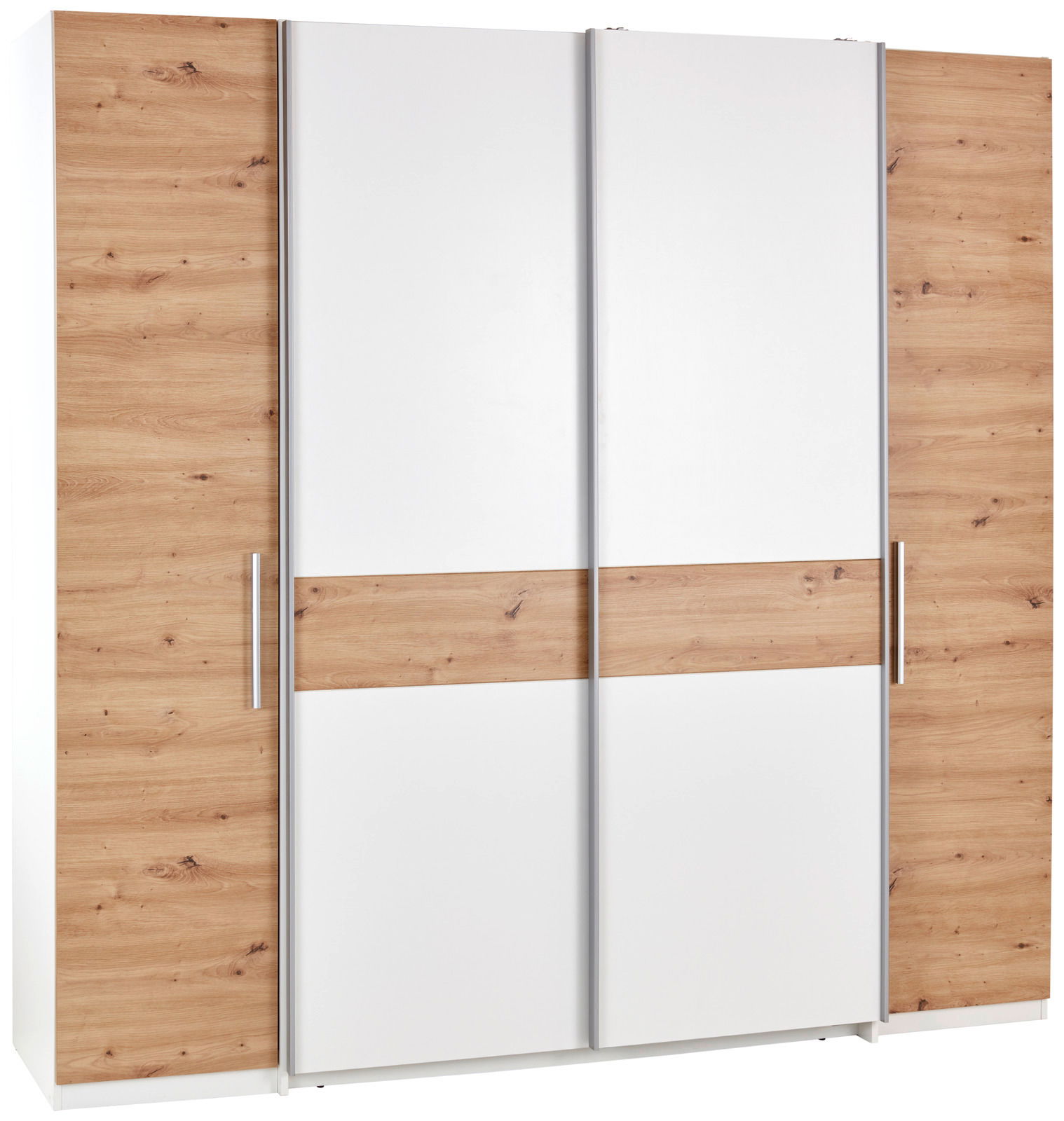 Z2 Dreh-/Schwebetürenschrank 4trg FABIO Moderner Dreh-Schwebetürenschrank mit vier Türen in Holzoptik und weißen Elementen, Frontalansicht.