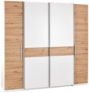 Moderner Dreh-Schwebetürenschrank mit vier Türen in Holzoptik und weißen Elementen, Frontalansicht.