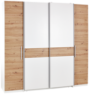 Moderner Dreh-Schwebetürenschrank mit vier Türen in Holzoptik und weißen Elementen, Frontalansicht.