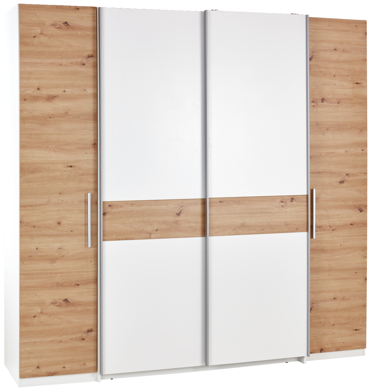 Moderner Dreh-Schwebetürenschrank mit vier Türen in Holzoptik und weißen Elementen, Frontalansicht.